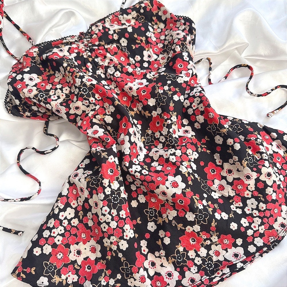 Angie Floral Cotton Cami Top Red Black White Boho Tie Back 22D30/F553 Womens M